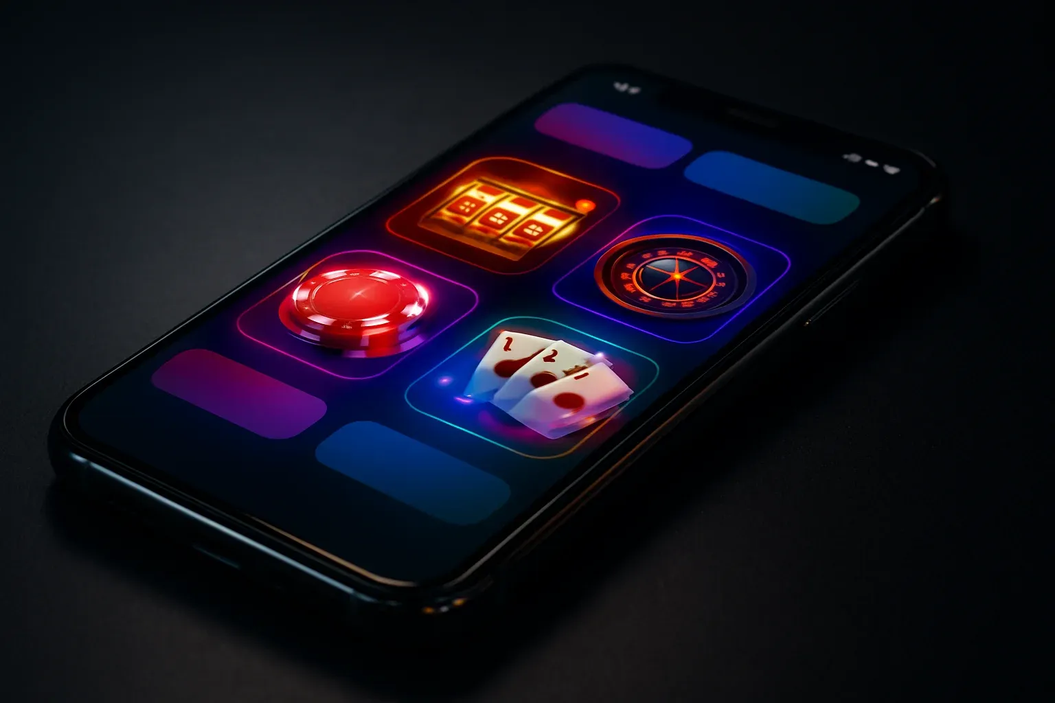 Sleek Android smartphone displaying colorful glowing casino app interface on dark surface