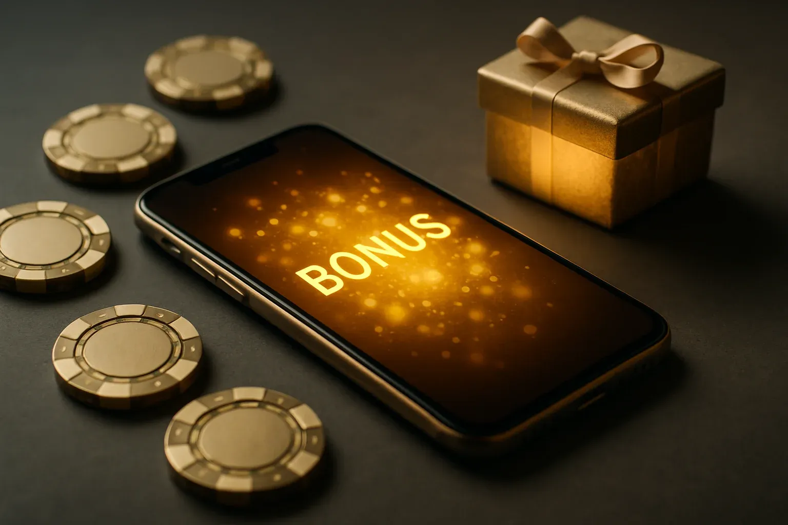 Sleek smartphone with golden bonus screen, casino chips, glowing gift box