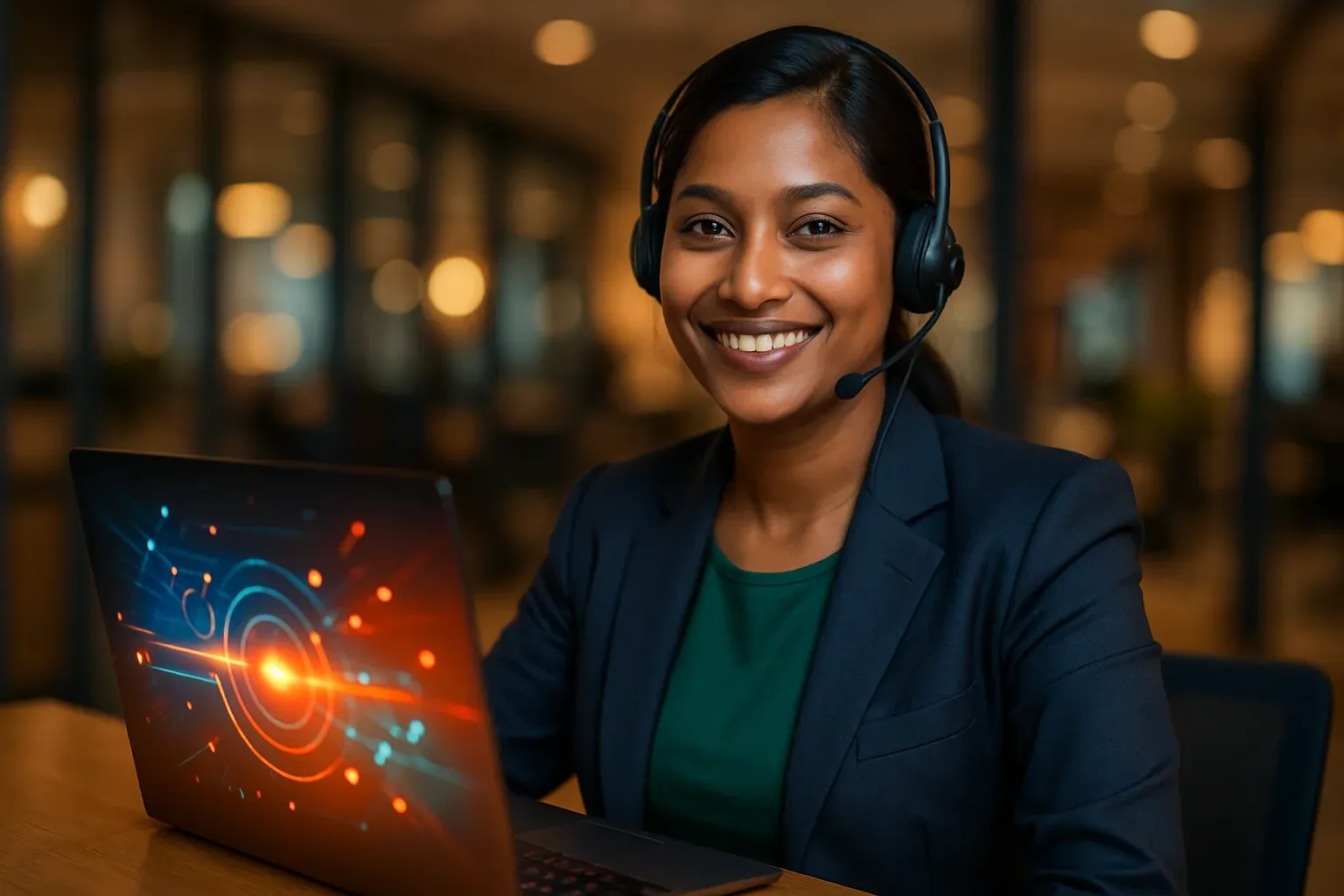 Smiling Bangladeshi customer service representative at desk with laptop in warm office