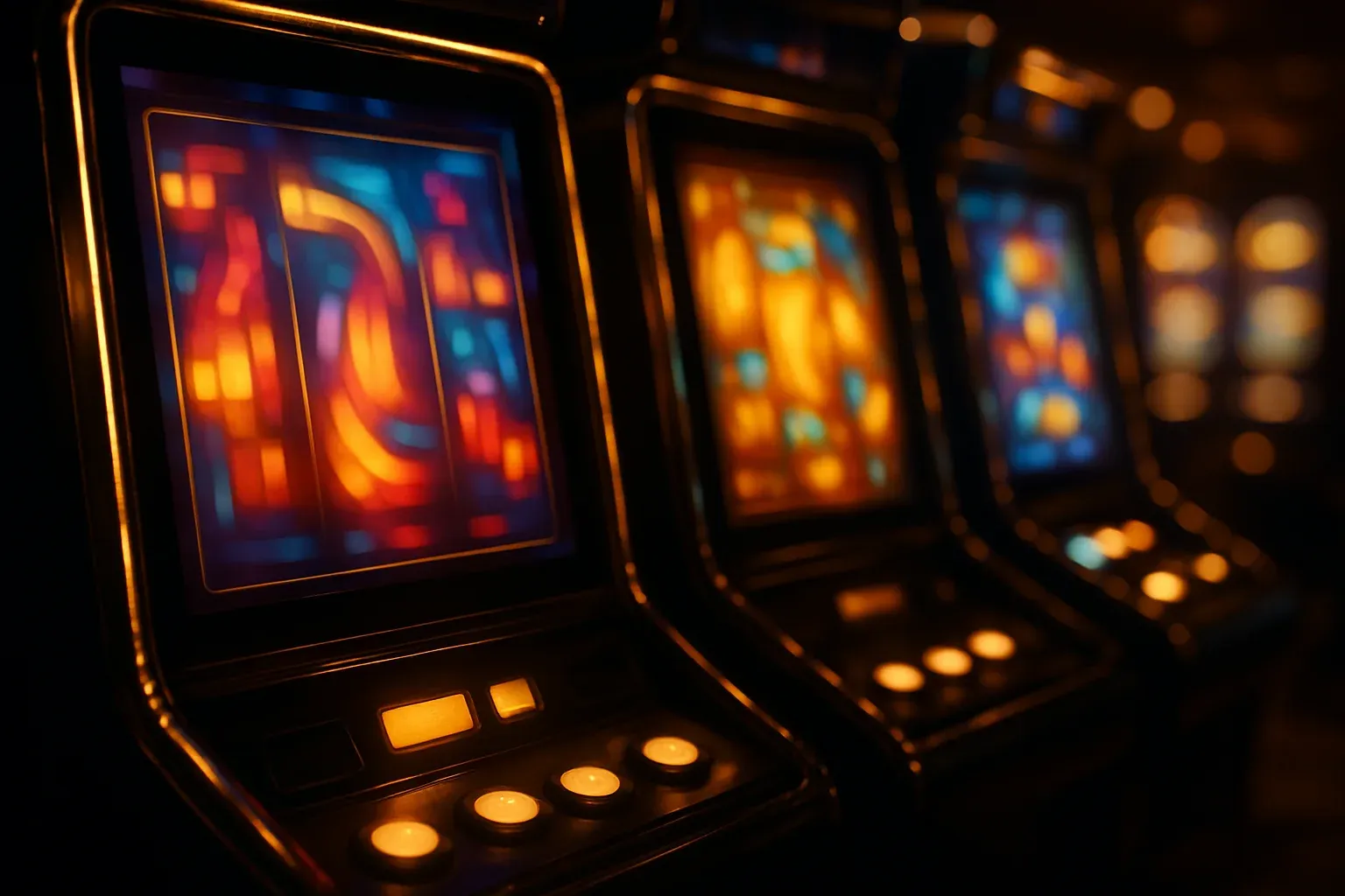 Colorful slot machine screens glowing in a dark neon casino lounge