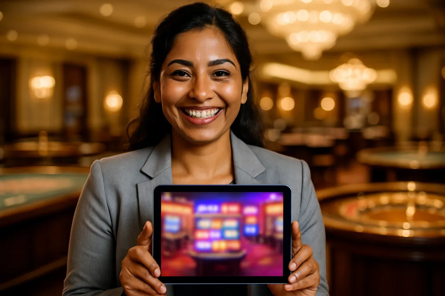 Happy Bangladeshi woman in blazer holding glowing tablet in casino lobby