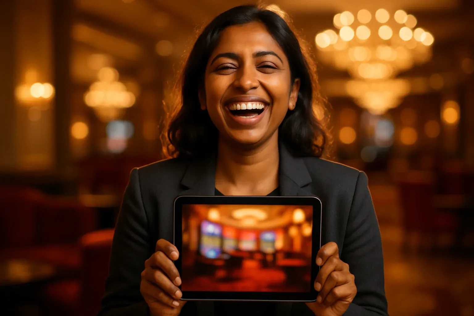 Happy Bangladeshi woman in blazer holding tablet with blurred casino lobby screen