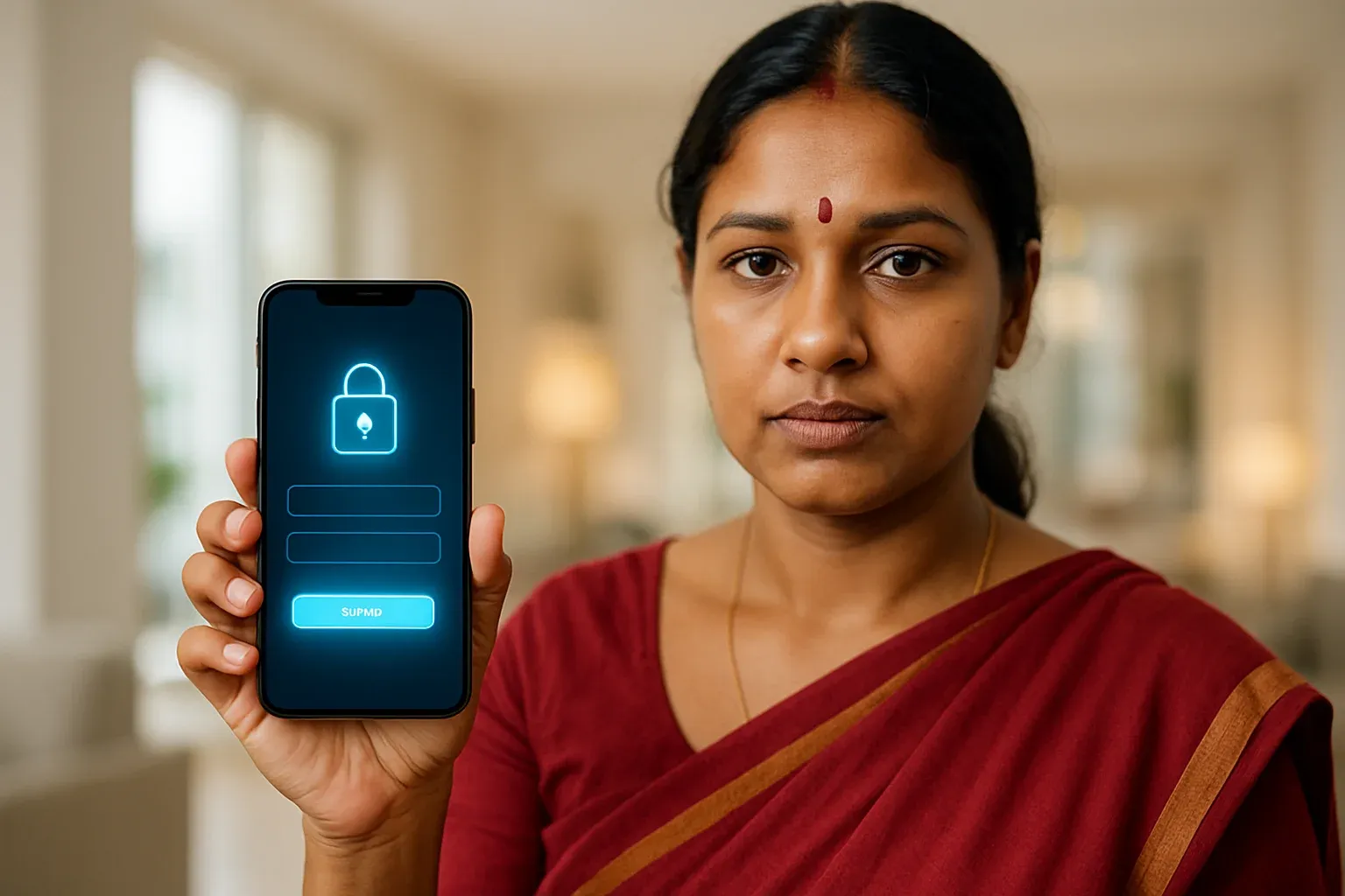 Bangladeshi woman holding smartphone showing stylized login screen indoors