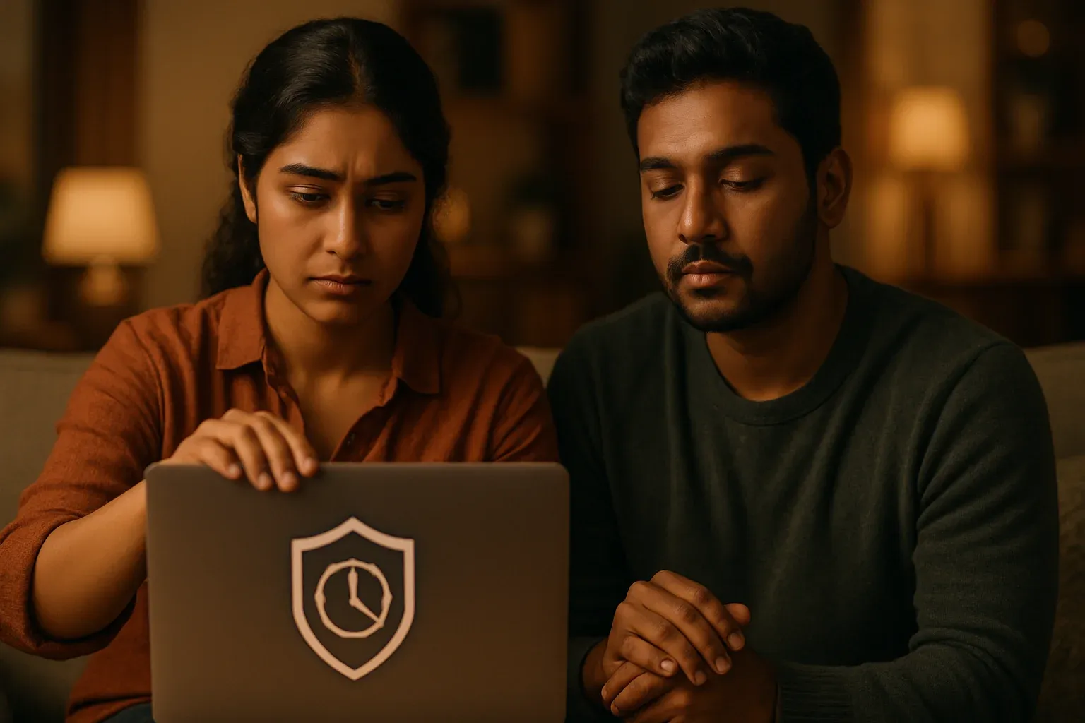 Young Bangladeshi couple calmly closing laptop with time-to-stop icon at home