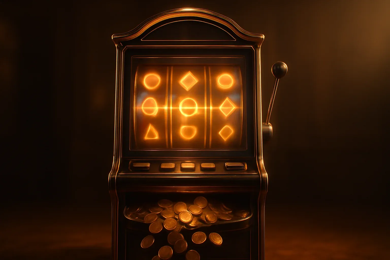 Ultra-realistic ornate slot machine with glowing reels and golden coins spilling